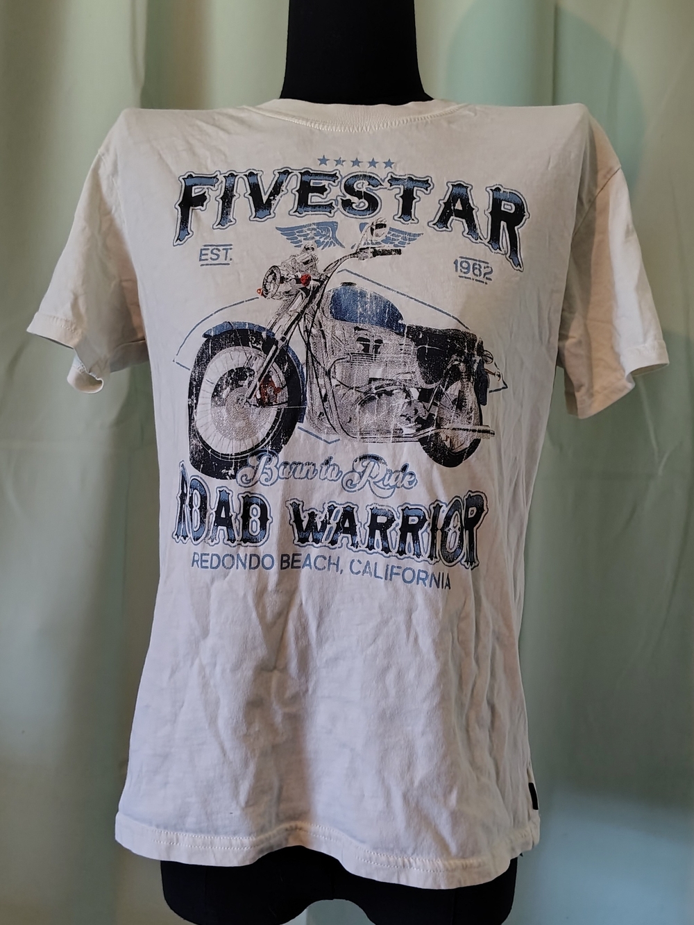 Five Star Men's Cream Graphic Tee Blue and Black Motorcycle Print T-shirt Small - Picture 2 of 7